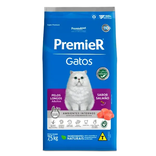 Ração Premier Ambientes Internos Gatos Adultos Pelos Longos Salmão 7,5 kg