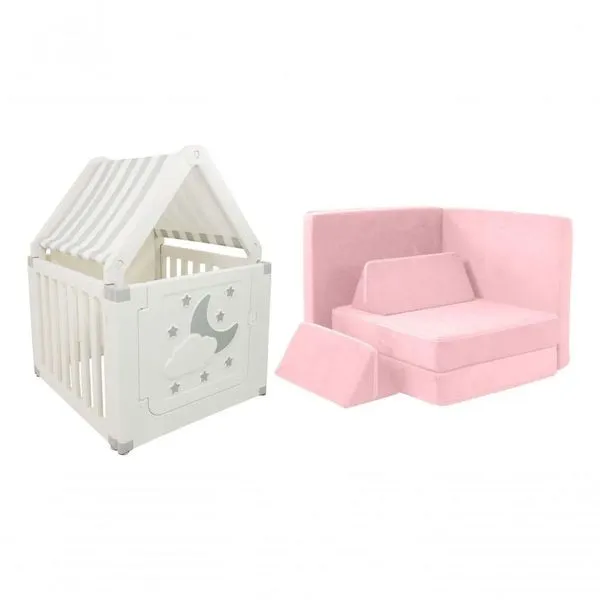 Kit Casinha Infantil E Sofá De Brincar Para Crianças Freso Cinza E Rosa Lúdico