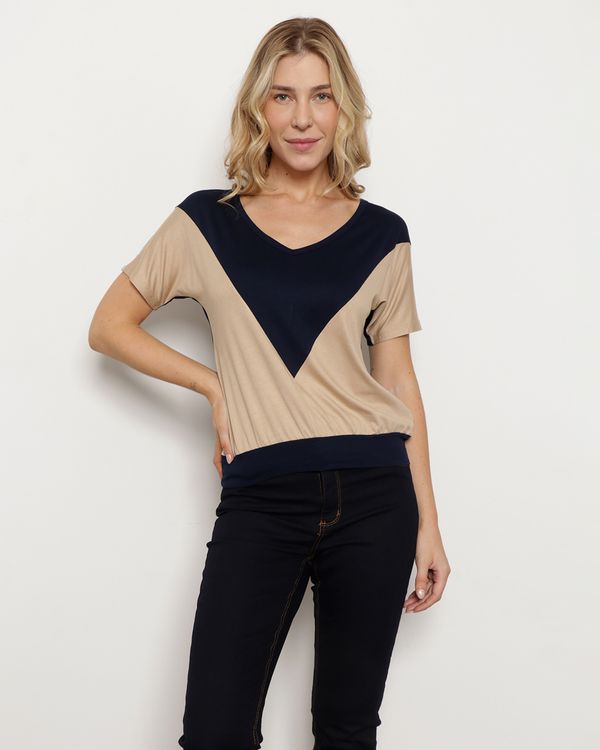 Blusa Feminina com Recorte Frente Manga Curta Decote Redondo Bege M