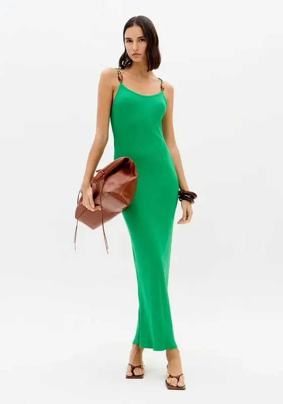 Vestido Canelado Justo Super Midi Verde G