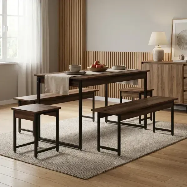 Conjunto Mesa de Jantar com 2 Bancos e 2 Banquetas Estilo Industrial Aço e Active Nogal Yescasa Nogal