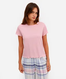 blusa de pijama manga curta canelada rosa GG