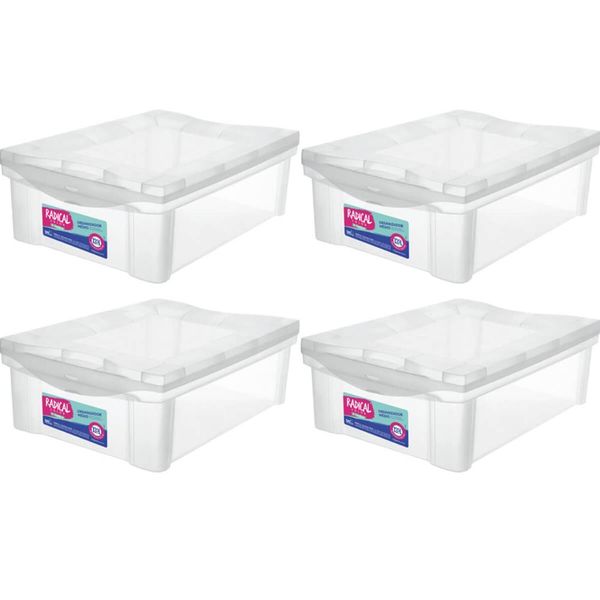 Kit 4 Caixas Organizadoras Plásticas com Tampa Empilhável 13,5L Transparente Ordene Radical Color