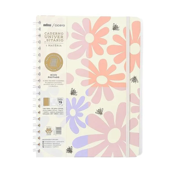 Caderno Universitário 1x1 80 Folhas Capa Dura Melissa Block Bloomy