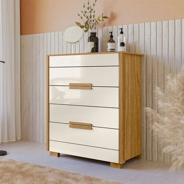 Cômoda Gaveteiro Dhara 4 Gavetas em MDP Texturizado com Puxadores em MDF Off White e Freijó Cômoda Gaveteiro Dhara 4 Gavetas MDP Texturizado com Puxadores MDF Off White