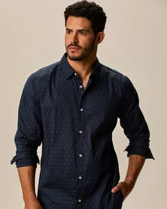 Camisa Masculina Slim Estampada Em Tricoline Stretch Cinza - GG