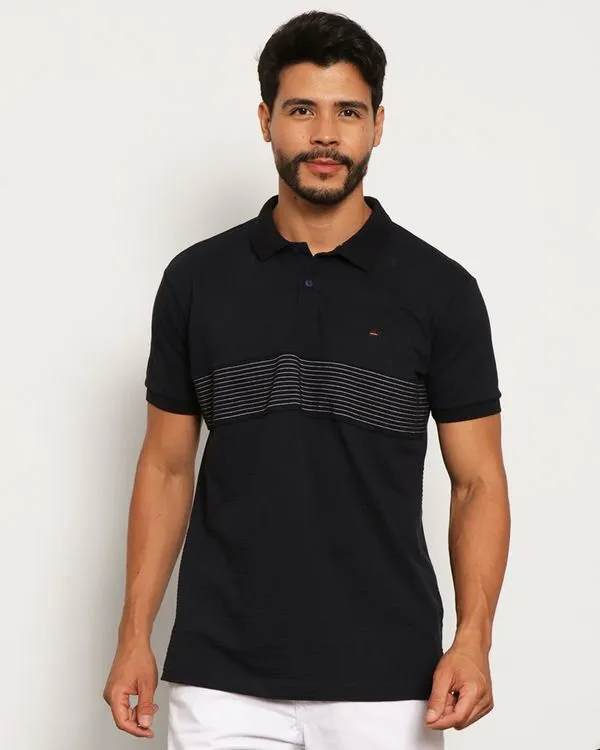 Camisa Polo Masculina Piquet Com Recortes Manga Curta Marinho P