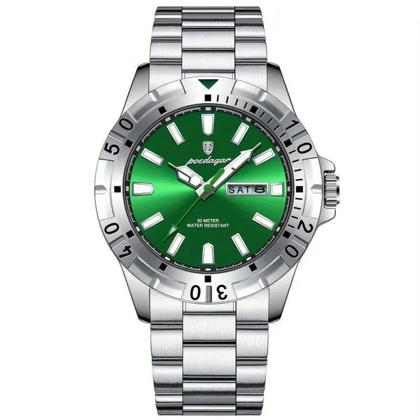 Relógio Masculino Impermeável Pulseira De Aço Inoxidável Movimento Quartzo Estilo Casual Prata Verde