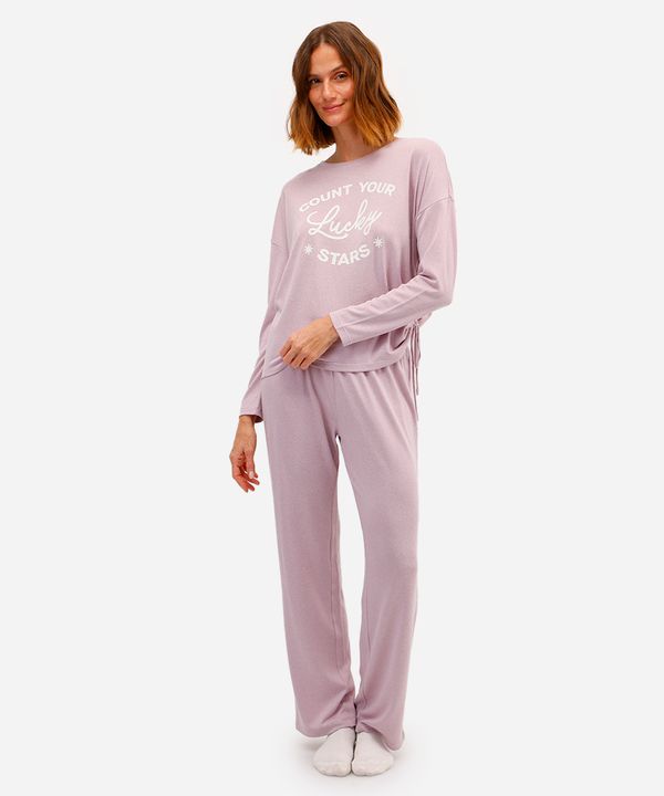 pijama longo feminino estampado manga longa lilás G