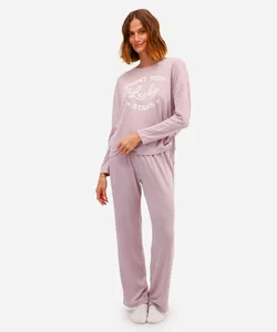 pijama longo feminino estampado manga longa lilás M