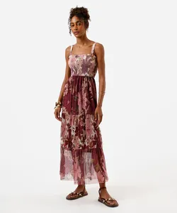 vestido midi feminino de tule com recortes floral vinho G