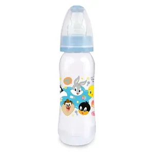 Minha Primeira Mamadeira com Dois Bicos Ortodôntico + Convencional Macios Looney Tunes Azul 240ml BabyGo
