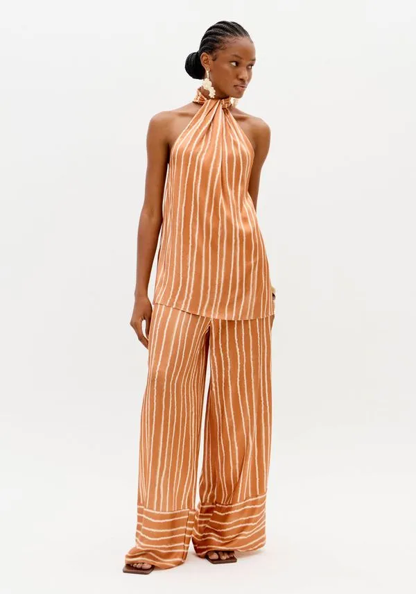 Calça Pantalona Estampada Cintura Alta Laranja P