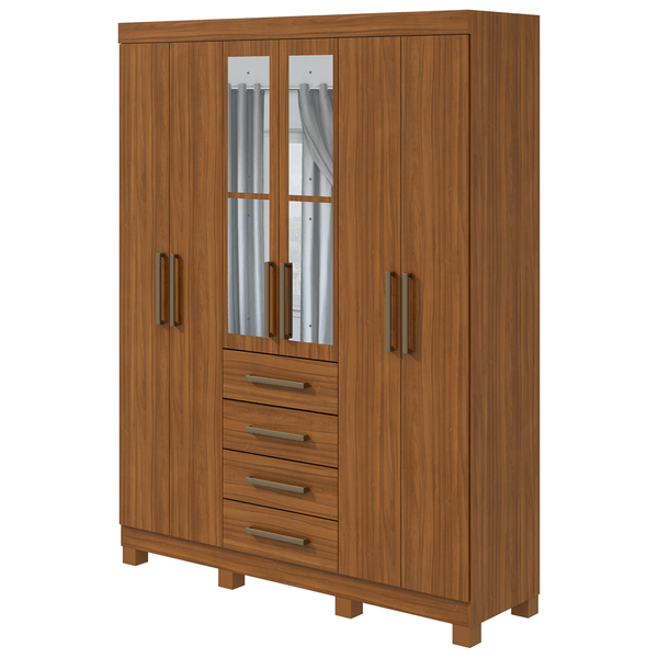 Guarda-Roupa 6 Portas, 4 Gavetas, Com Espelho, Com Pés - Móveis Lopas Hector Rovere Naturale