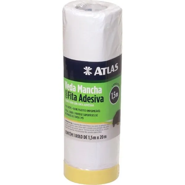 Filme Veda Mancha com Fita Crepe AT2220-150 1,5mx20m Proteção para Pintura Pincéis Atlas Filme Veda Mancha com Fita Crepe AT2220-150 1,5mx20m Pincéis Atlas