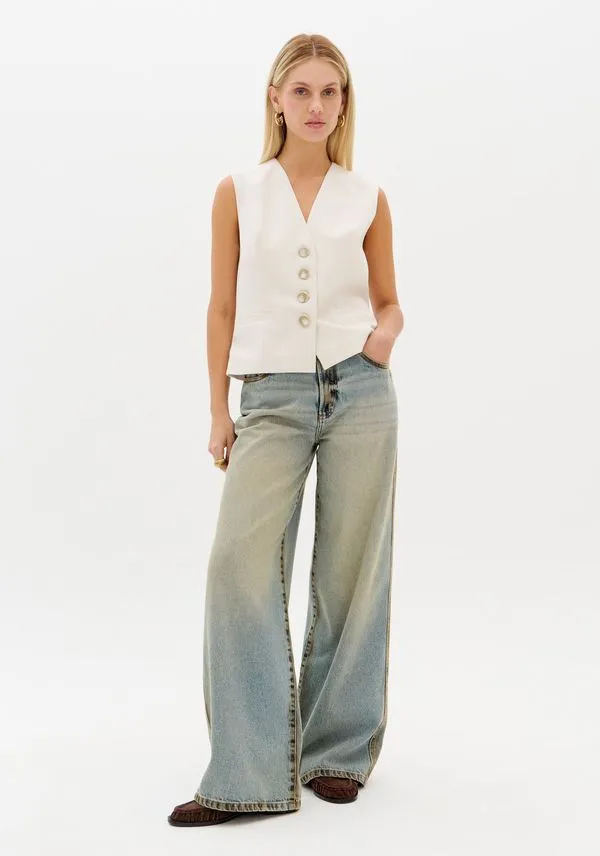Calça Jeans Wide Leg Com Cintura Média Azul 32