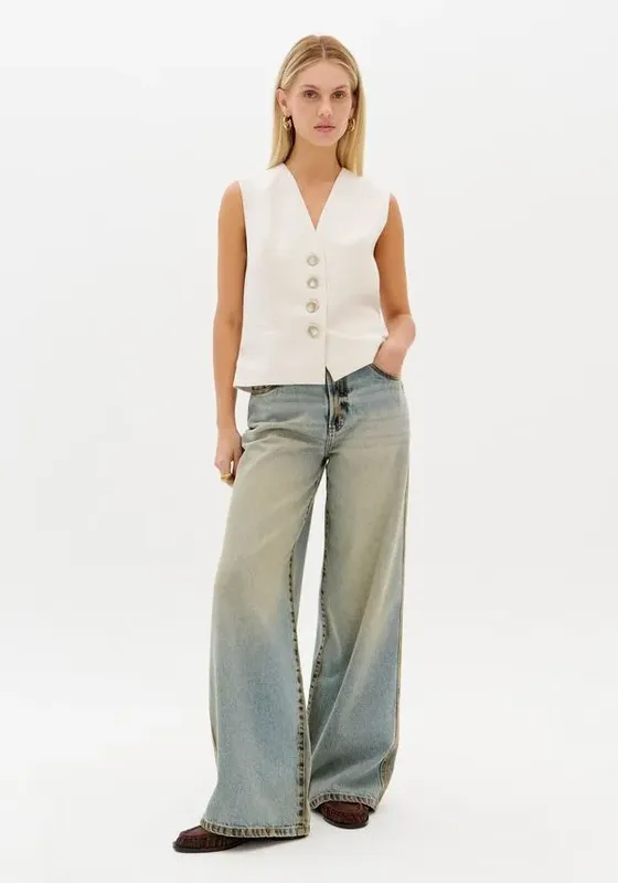 Calça Jeans Wide Leg Com Cintura Média Azul 32