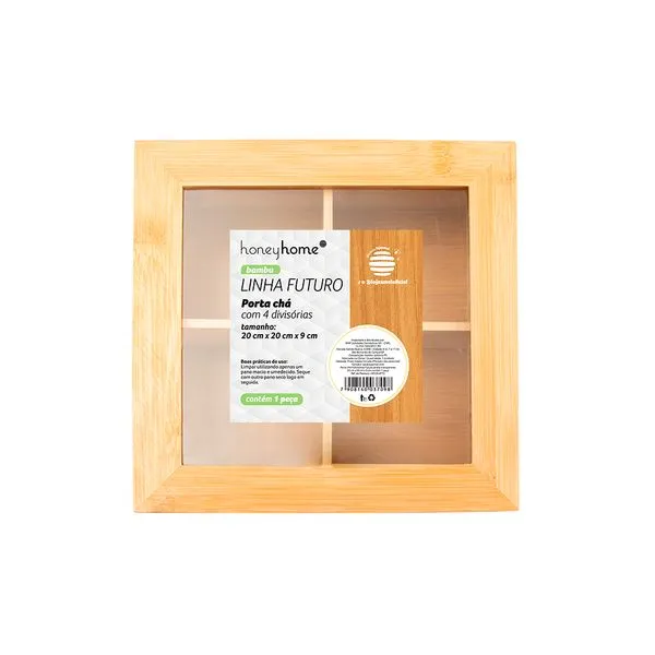 Porta Chá 4 Divisórias Futuro Janela Transparente Bambu, Plástico Ps 20x20x9cm LM3354FTO - honeyhome