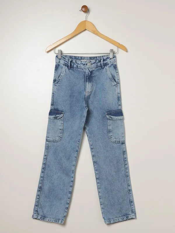 Calça Jeans Reta Bolso Cargo Juvenil Para Menina - AZUL 10