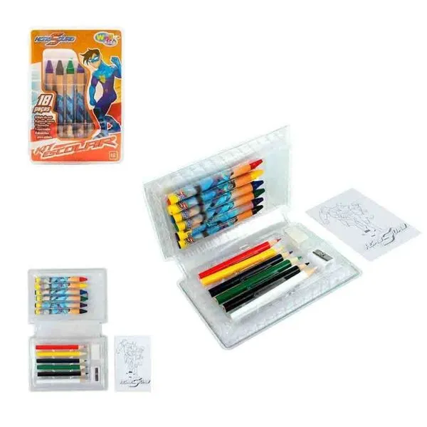 Estojo Escolar Infantil Wellmix Hero Squad Kit Completo com 18 Peças Lápis de Cor Giz de Cera e Desenhos Estojo Escolar Infantil Wellmix Hero Squad Kit 18 Peças com Lápis de Cor Giz de Cera e Acessórios