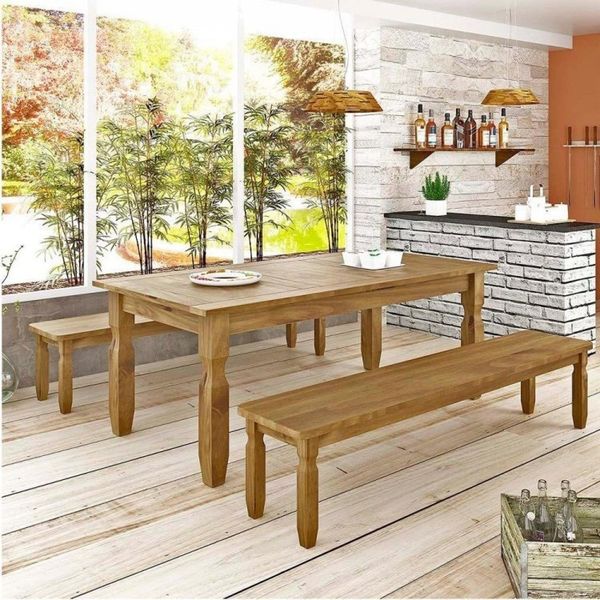 Conjunto Mesa 1,82m e 2 Bancos Rústico Corona Ideal P/ Area Externa Madeira Maciça Marrom