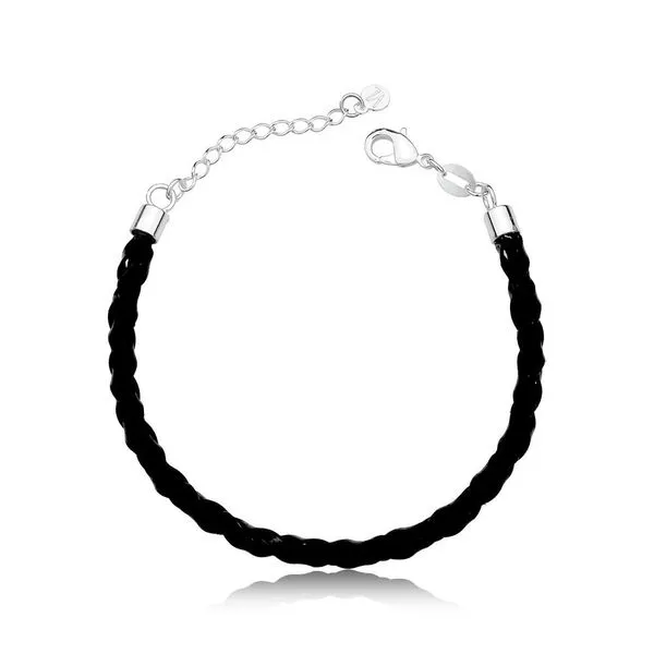 Pulseira De Couro Preto Trançado Com Ponteiras Prata