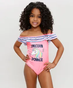 Maiô Infantil Unicórnio com Babado Proteção UV50+ Rosa Neon 6