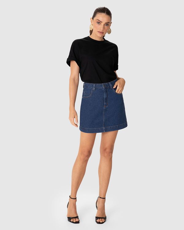 Saia Feminina Linha A Cintura Média Em Jeans 100% Algodão - ENFIM Azul - 46