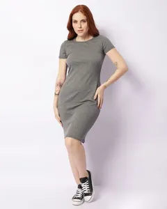 Vestido Feminino Curto Canelado Manga Curta Cinza P