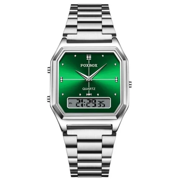 Relógio Feminino Casual de Aço Inox Duplo Display LED Resistente à Água Verde Prata Foxbox Relógio Feminino Casual Aço Inox Duplo Display LED Verde Prata Foxbox