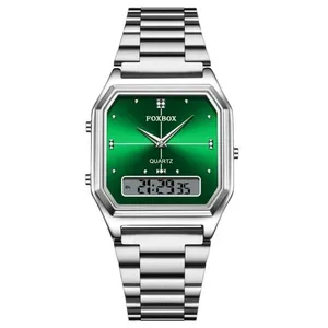 Relógio Feminino Casual de Aço Inox Duplo Display LED Resistente à Água Verde Prata Foxbox Relógio Feminino Casual Aço Inox Duplo Display LED Verde Prata Foxbox