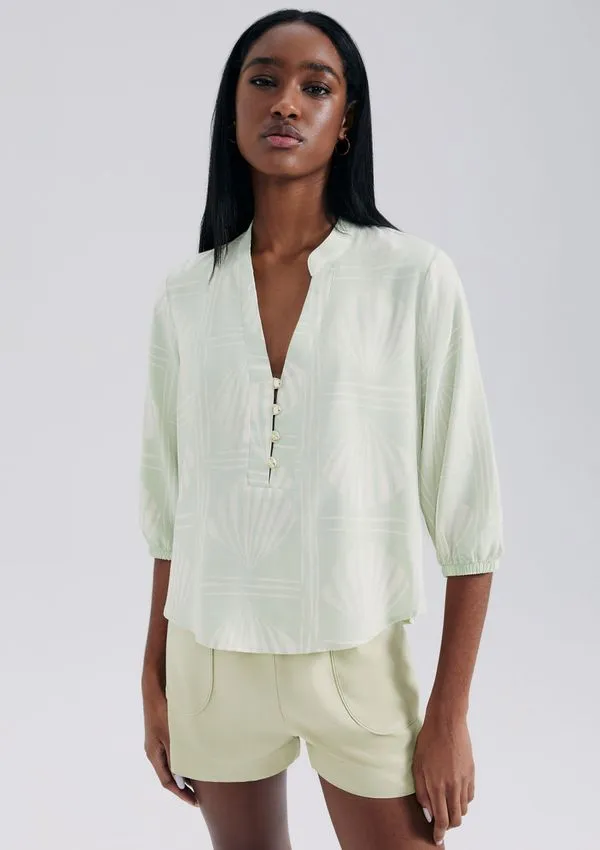 Blusa Feminina Estampada Decote V Manga Bufante - Verde XP