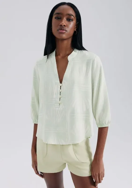 Blusa Feminina Estampada Decote V Manga Bufante - Verde XP