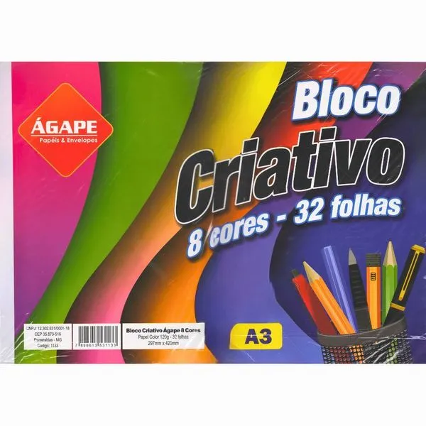 Bloco de Papel Criativo Ágape Bloco Criativo A3 120G-M² 8 Cores C- 32 Folhas Bloco de Papel Criativo Ágape A3 120G-M² 8 Cores com 32 Folhas