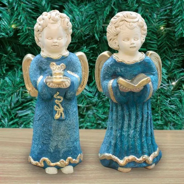 Par De Anjos De Gesso Barroco Mineiro Azul Estátua Decorativa