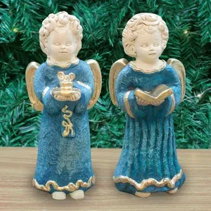 Par De Anjos De Gesso Barroco Mineiro Azul Estátua Decorativa