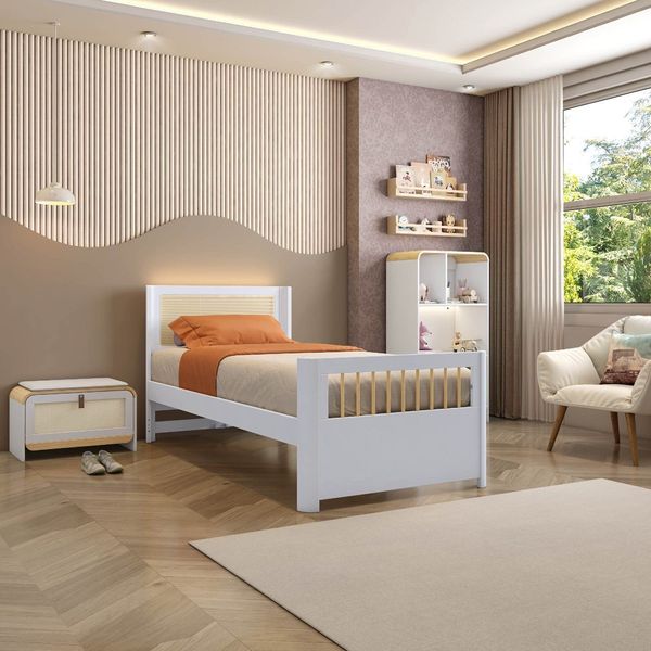 Cama Solteiro Evolutiva Wave Juvenil em Rattan com Led Casatema Branco/Natural