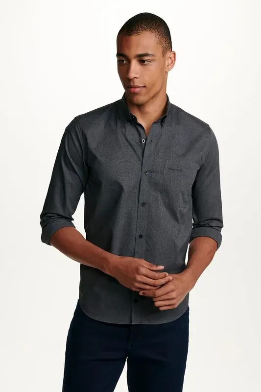 Camisa Clássica Manga Longa Falso Liso - Cinza - 2