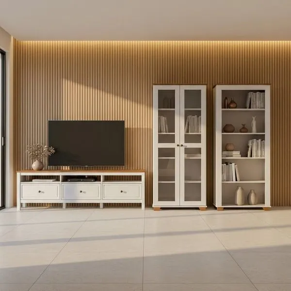 Conjunto de Sala 3 Peças com Rack, Cristaleira e 1 Estante Ananda CabeCasa MadeiraOriginals Branco Off White/Mel Off White/Mel
