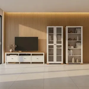 Conjunto de Sala 3 Peças com Rack, Cristaleira e 1 Estante Ananda CabeCasa MadeiraOriginals Branco Off White/Mel Off White/Mel