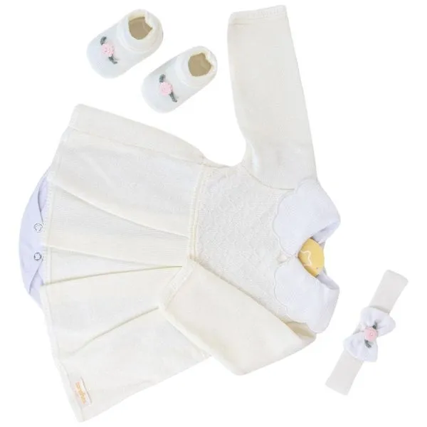 Kit Bebê RN Sanches 1 Vestido 1 Body 1 Sapato 1 Tiara Off White (MP)