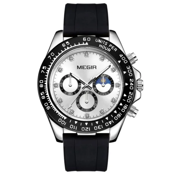 Relógio de Quartzo Masculino Simples Elegante Multifuncional Pulseira Silicone à Prova D'água Prata Megir Relógio de Quartzo Masculino Multifuncional Pulseira Silicone à Prova D'água Prata Megir