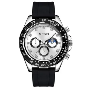 Relógio de Quartzo Masculino Simples Elegante Multifuncional Pulseira Silicone à Prova D'água Prata Megir Relógio de Quartzo Masculino Multifuncional Pulseira Silicone à Prova D'água Prata Megir