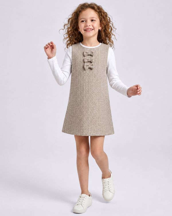 Conjunto Salopete Infantil Tweed Manga Longa Bege 6