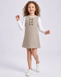 Conjunto Salopete Infantil Tweed Manga Longa Bege 6