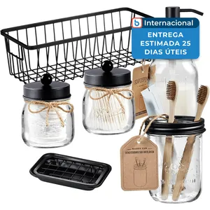 Conjunto para Banheiro 6 Potes Sheechung Vidro Preto A-MBI