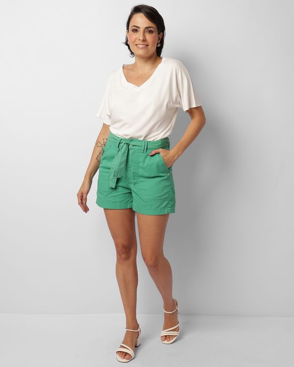 Short Feminino Sarja Clochard Faixa De Amarração Com Bolsos Verde Claro 38
