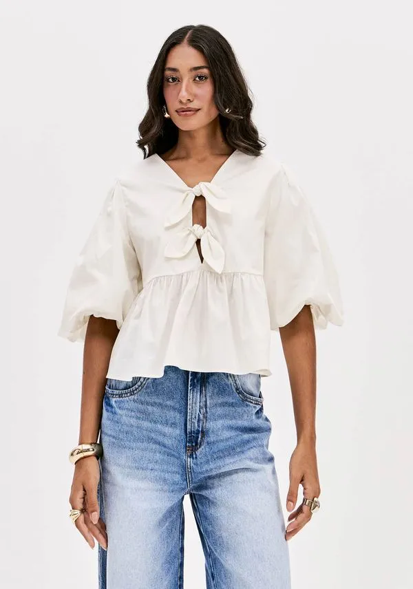 Blusa Laços Manga Balonê Branco M