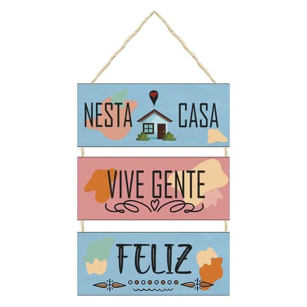 Jogo de Placas Decorativas Nesta Casa Vive Gente Feliz MDF com Corda - Nsw Decor