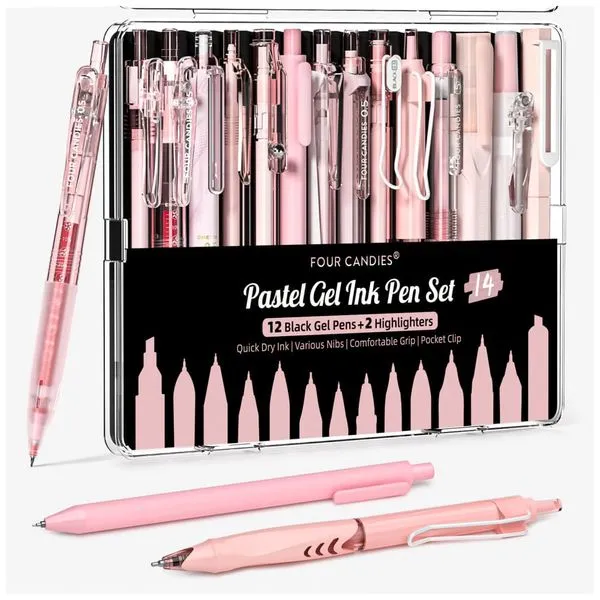 Canetas em gel Four Candies rosas com tinta preta e rosa e 2 marcadores pastel, ponta fina 0,5 mm retrátil, kit 14 peças para estudo e escritório